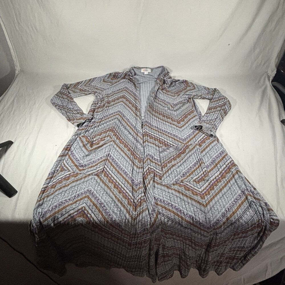 LuLaRoe Sarah Duster Cardigan Large Grey Metallic Silver Chevron Open Front Knit